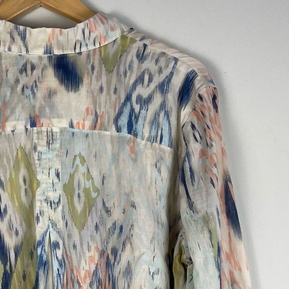 Chico's Watercolor Ikat Blue Green‎ Cotton Button Down Shirt Lightweight Size L - Picture 12 of 14